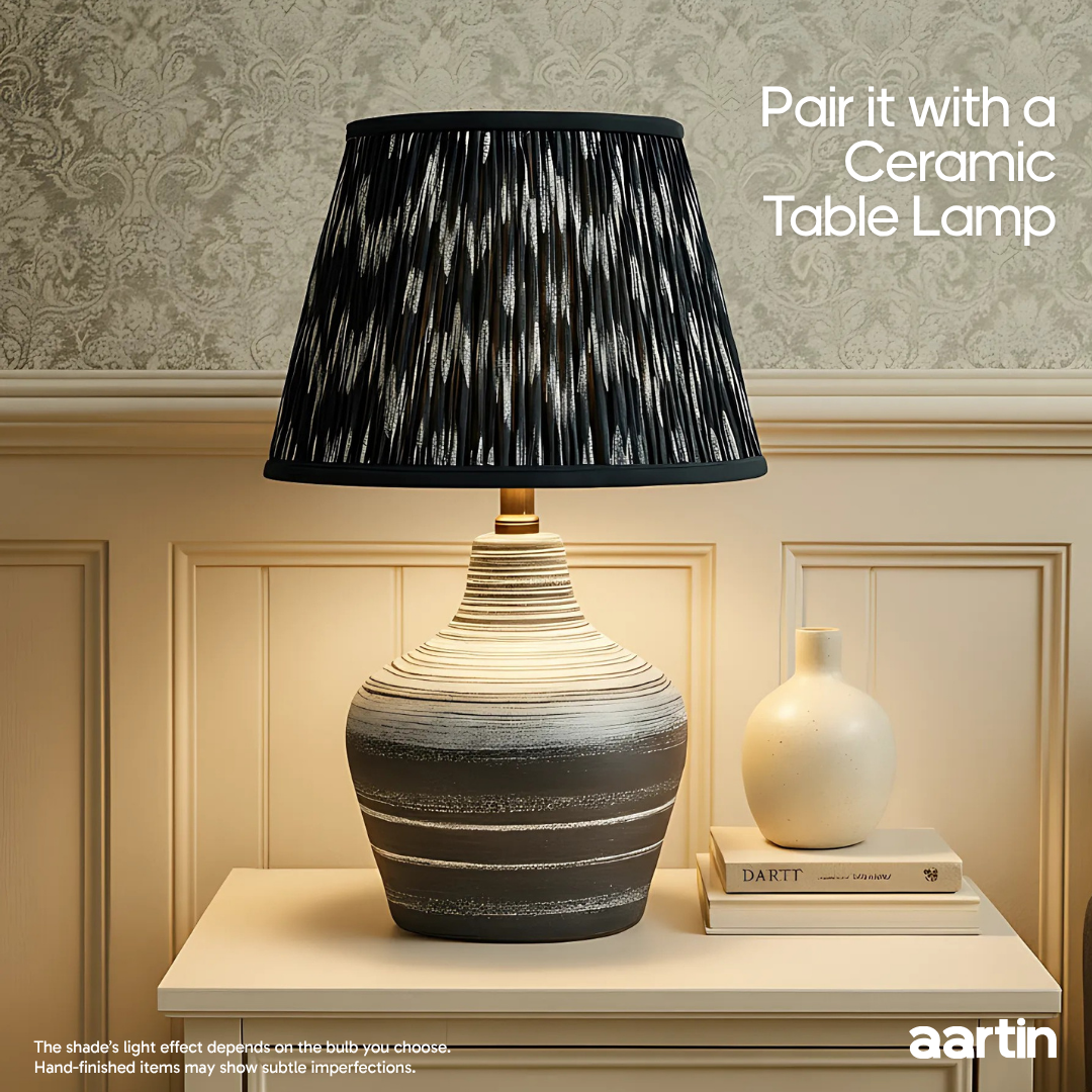 AARTIN 30 CM BLACK AND WHITE IKAT STRAIGHT EMPIRE GATHERED LAMPSHADE IN COTTON