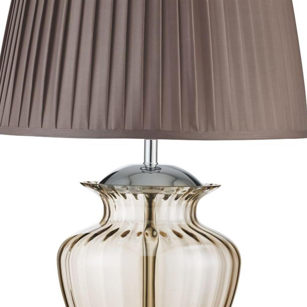 Elina Table Lamp - Chrome Metal, Amber Glass & Brown Shade - Comet Lighting