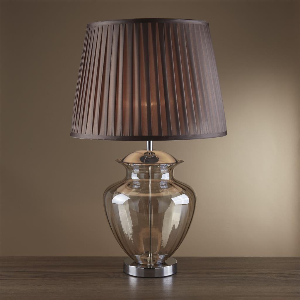 Elina Table Lamp - Chrome Metal, Amber Glass & Brown Shade