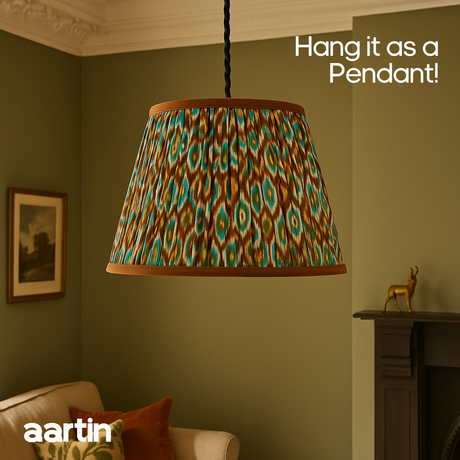 AARTIN 35 CM ORANGE & BLUE IKAT STRAIGHT EMPIRE GATHERED LAMPSHADE IN COTTON