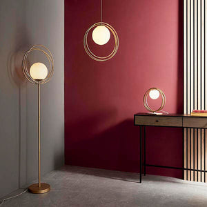 Hoopla Floor Lamp Brushed Gold Paint & Gloss Opal Glass
