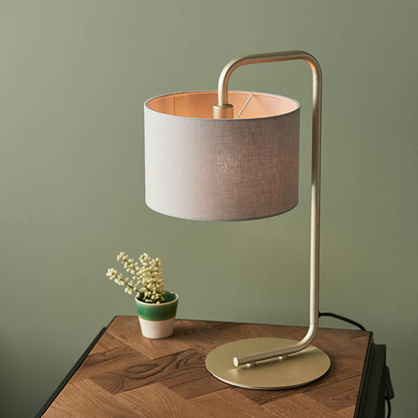 Rhone Table Lamp Satin Champagne Paint & Slate Grey Fabric
