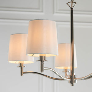 Ortona 5Lt Pendant Ceiling Light Bright Nickel w/ White Shades - Comet Lighting