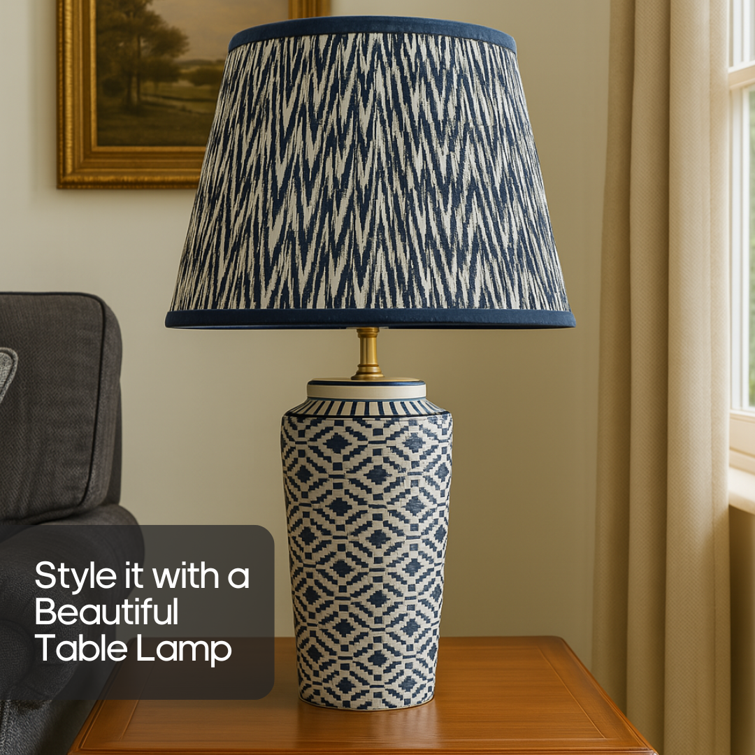 AARTIN 35 CM BLUE CHEVRONS STRAIGHT EMPIRE GATHERED LAMPSHADE IN COTTON