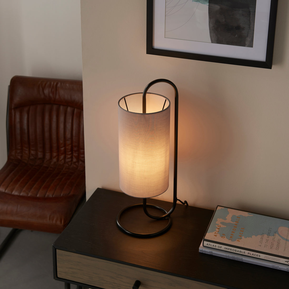 Sura Table Lamp Matt Black w/ Grey Shade - Comet Lighting