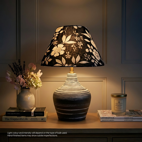 AARTIN Eden Black & White Ceramic Table Lamp with Midnight Blossom Lampshade