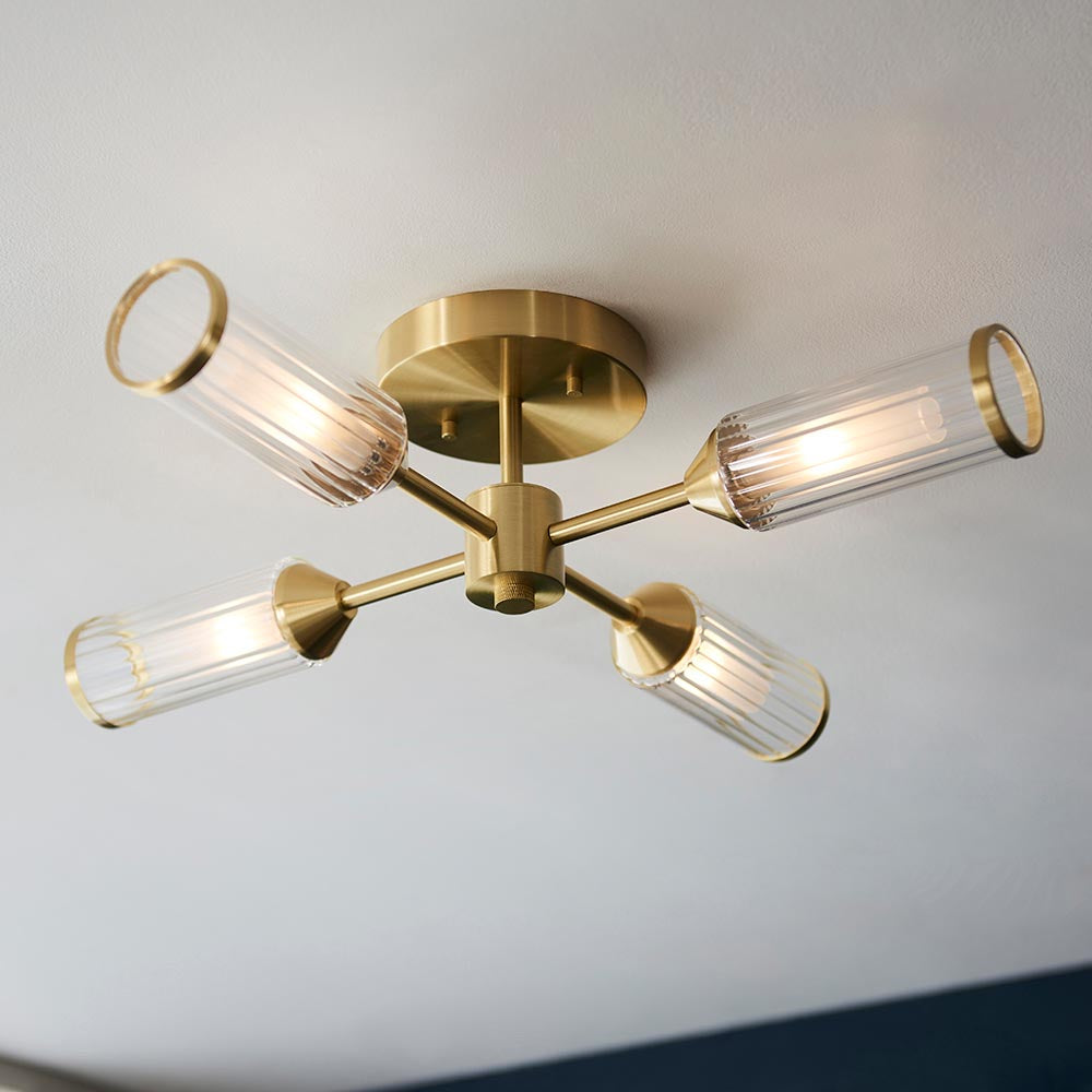 Avon 4Lt Semi-Flush Ceiling Light Satin Brass w/ Ribbed & Frosted Glass