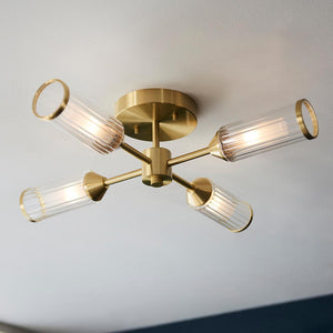 Avon 4Lt Semi-Flush Ceiling Light Satin Brass w/ Ribbed & Frosted Glass