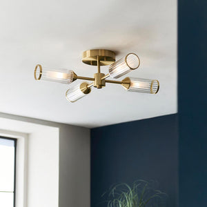 Avon 4Lt Semi-Flush Ceiling Light Satin Brass w/ Ribbed & Frosted Glass