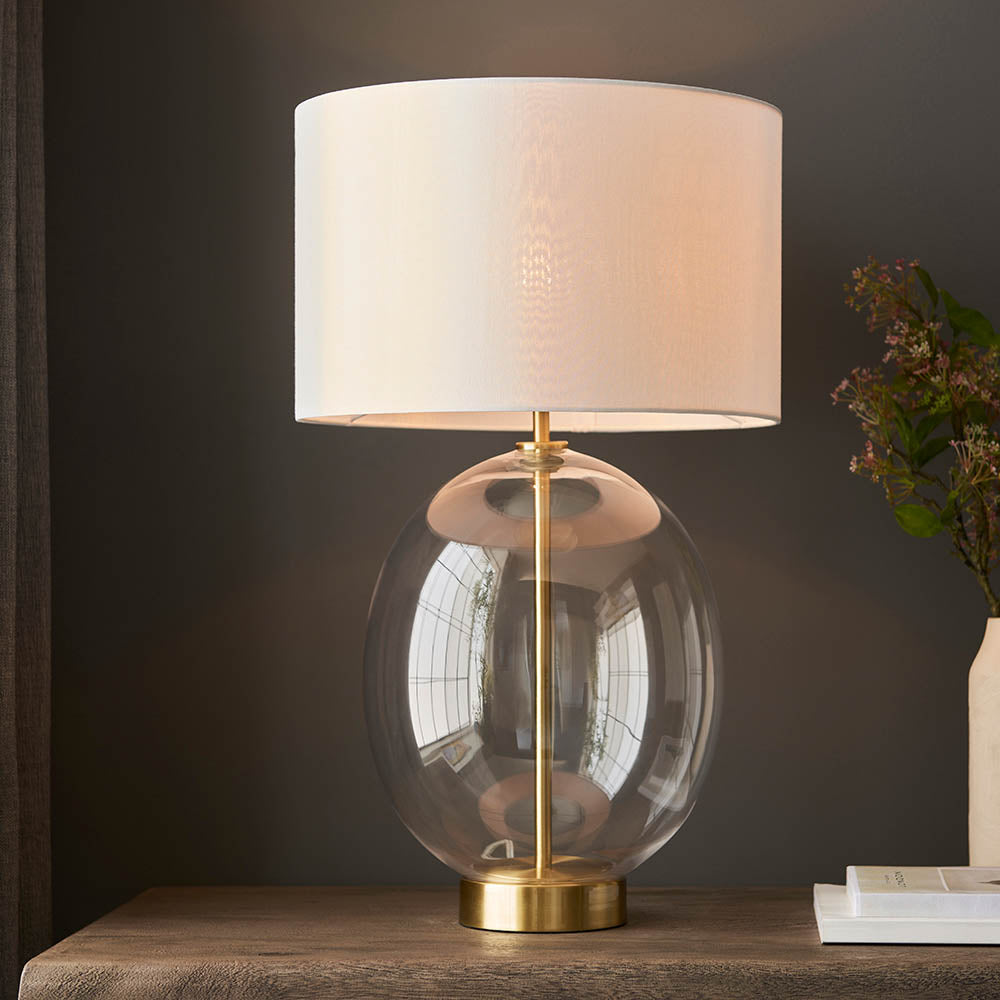 Kelda Oval Touch Table Satin brass plate & clear glass with vintage white fabric