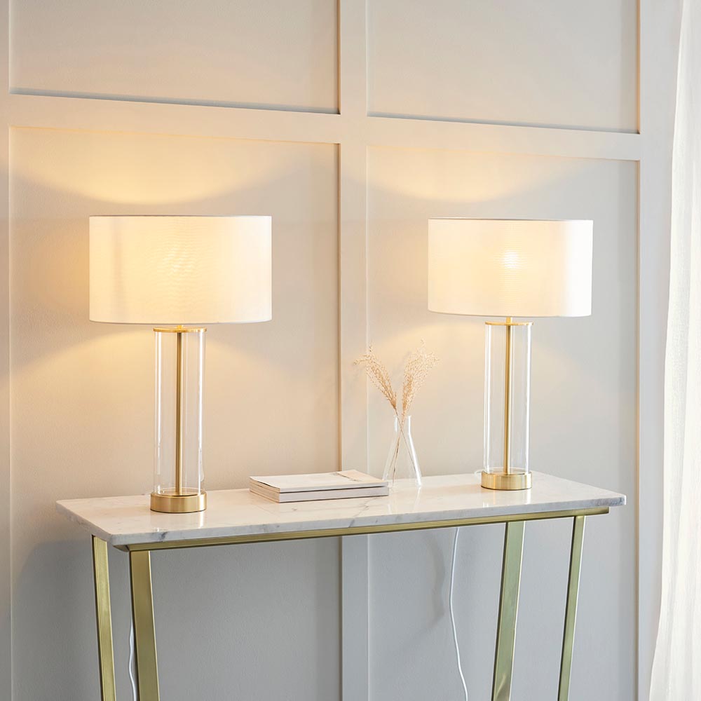 Lessina - Twin Pack Touch table Satin brass plate & vintage white fabric