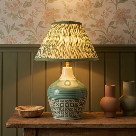 AARTIN Eden Green Ceramic Table Lamp With Green & White Ikat Lampshade