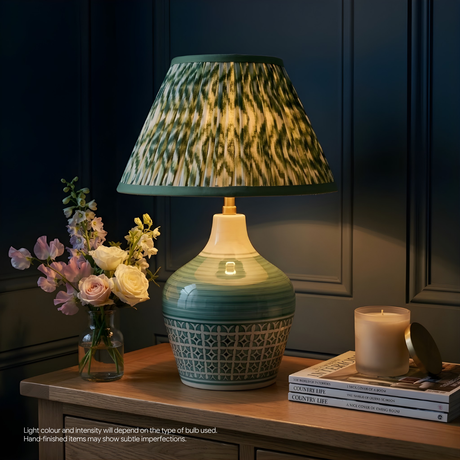 AARTIN Eden Green Ceramic Table Lamp With Green & White Ikat Lampshade