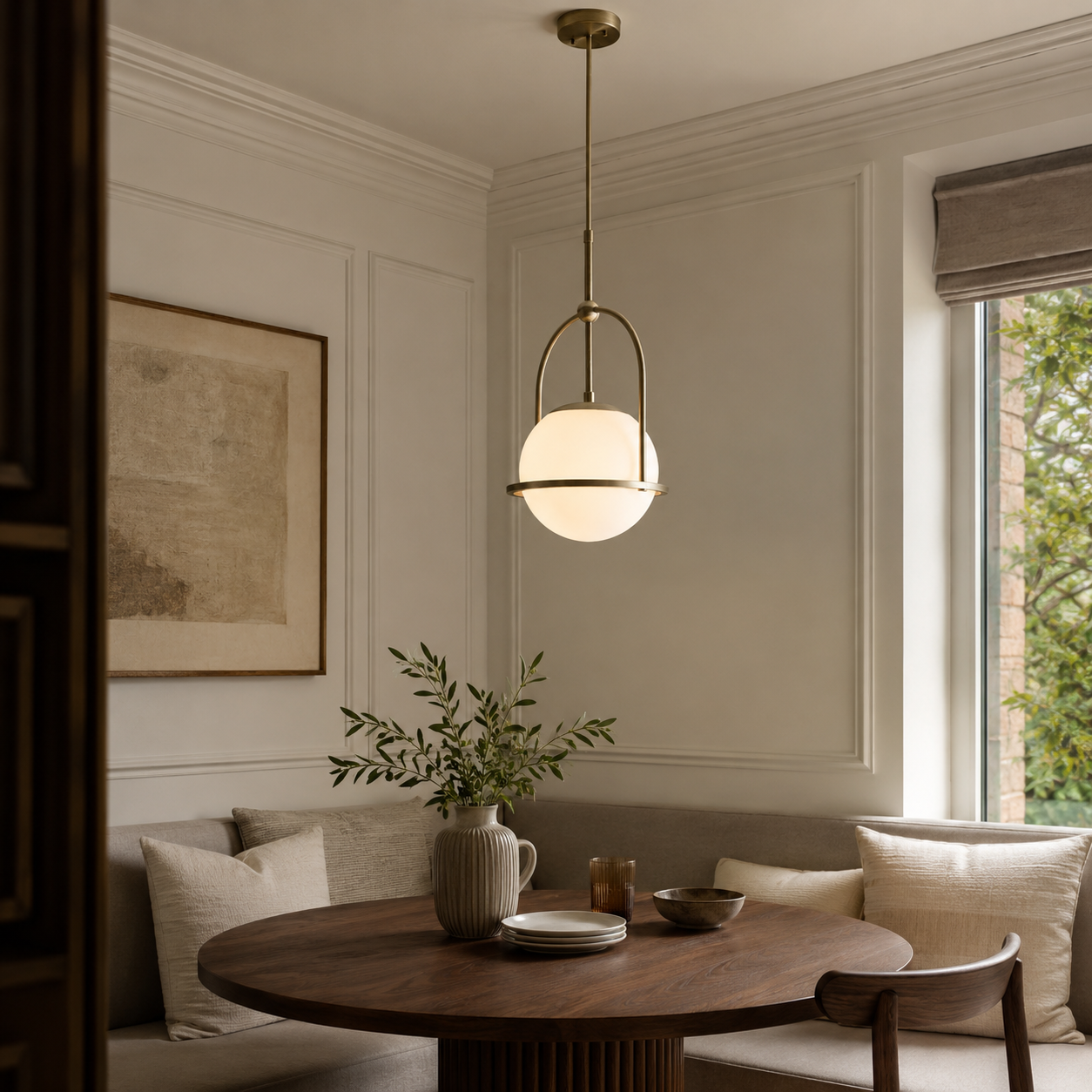 Amur Pendant Ceiling Light Matt Antique Brass Plate & Opal Glass