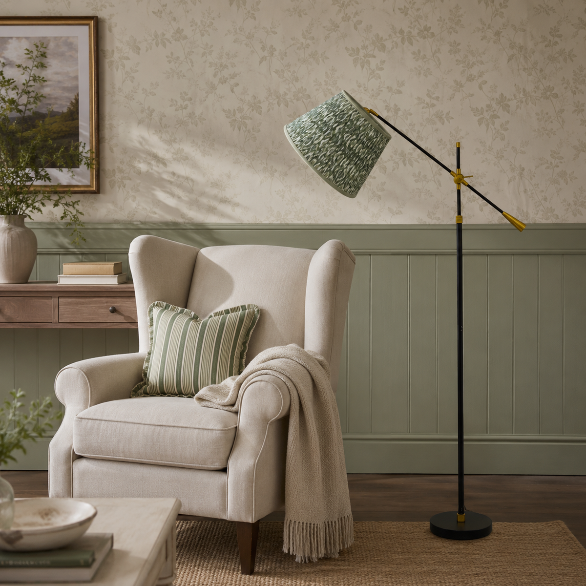 Green & White Ikat Cotton Lampshade