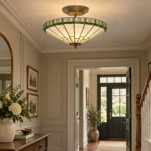 Searchlight New York Brass 2 Light Semi-FlushÂ Weathered Tiffany Glass