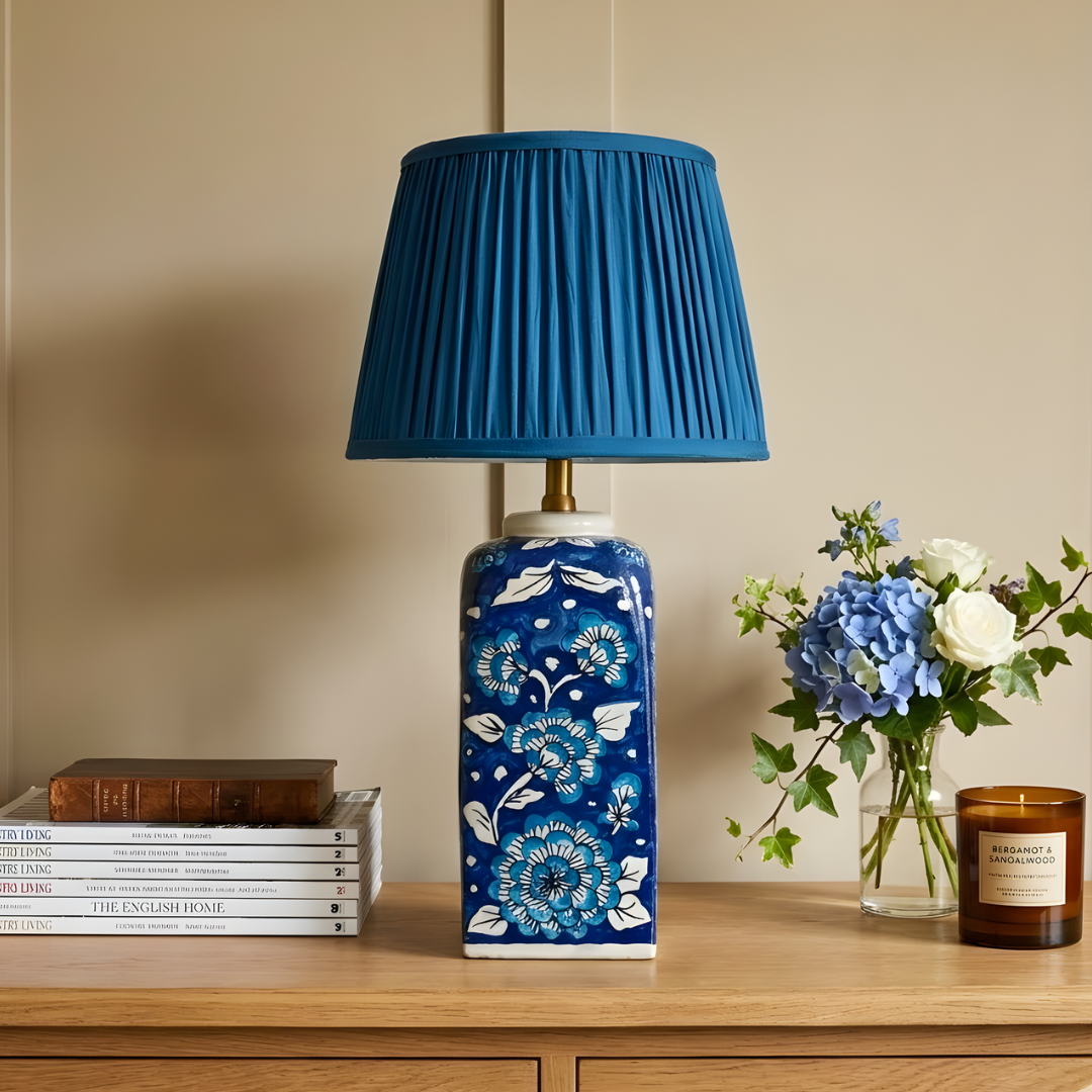 AARTIN Maple Ceramic Table Lamp With Blue Silk Gathered Lampshade