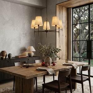 Gothic 5Lt Pendant - Hammered Black Metal & Natural Linen