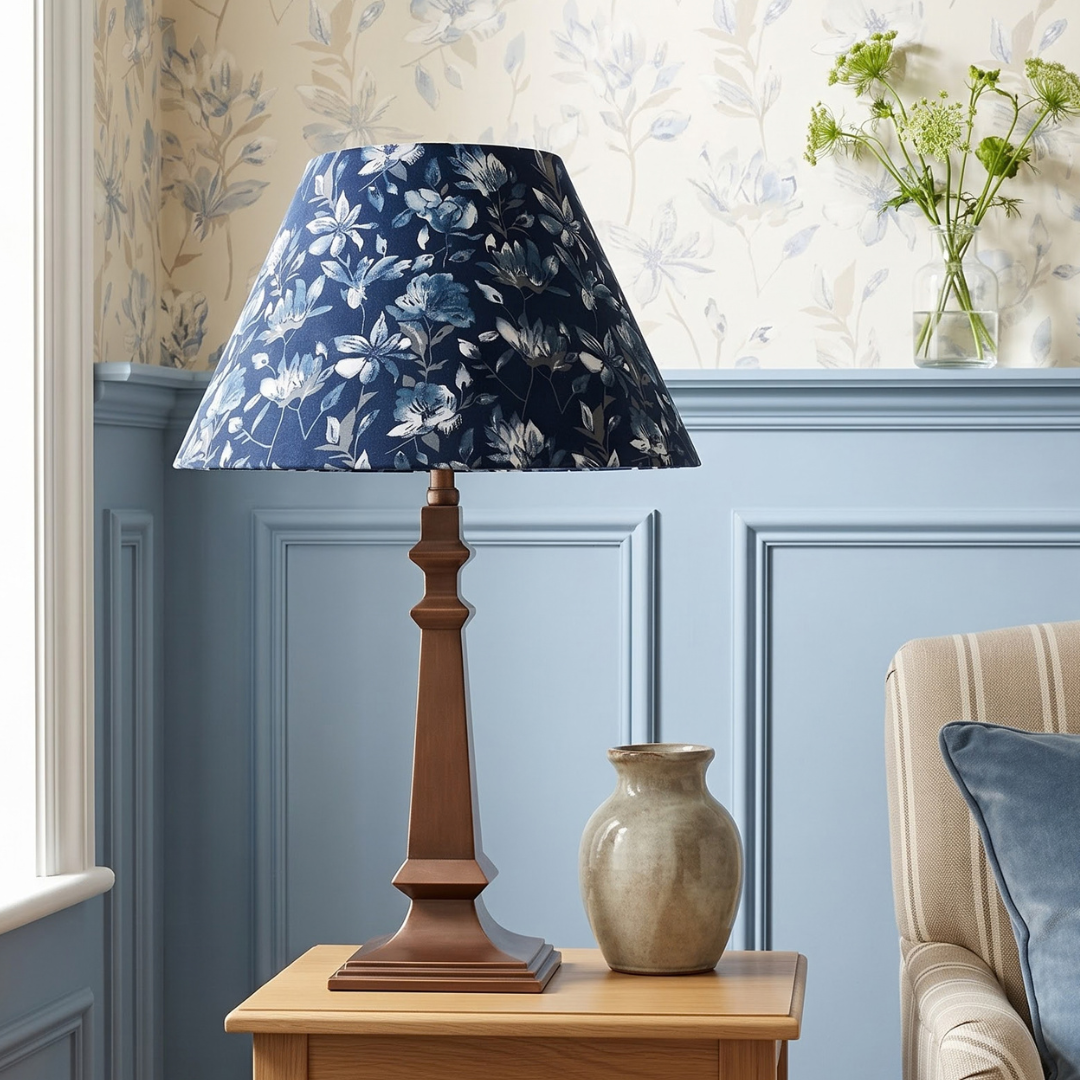 Azura Metal Table Lamp With Indigo Blooms Cotton Lampshade