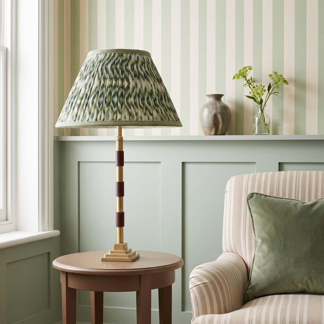 Clover Metal Table Lamp With Green & White Ikat Cotton Lampshade
