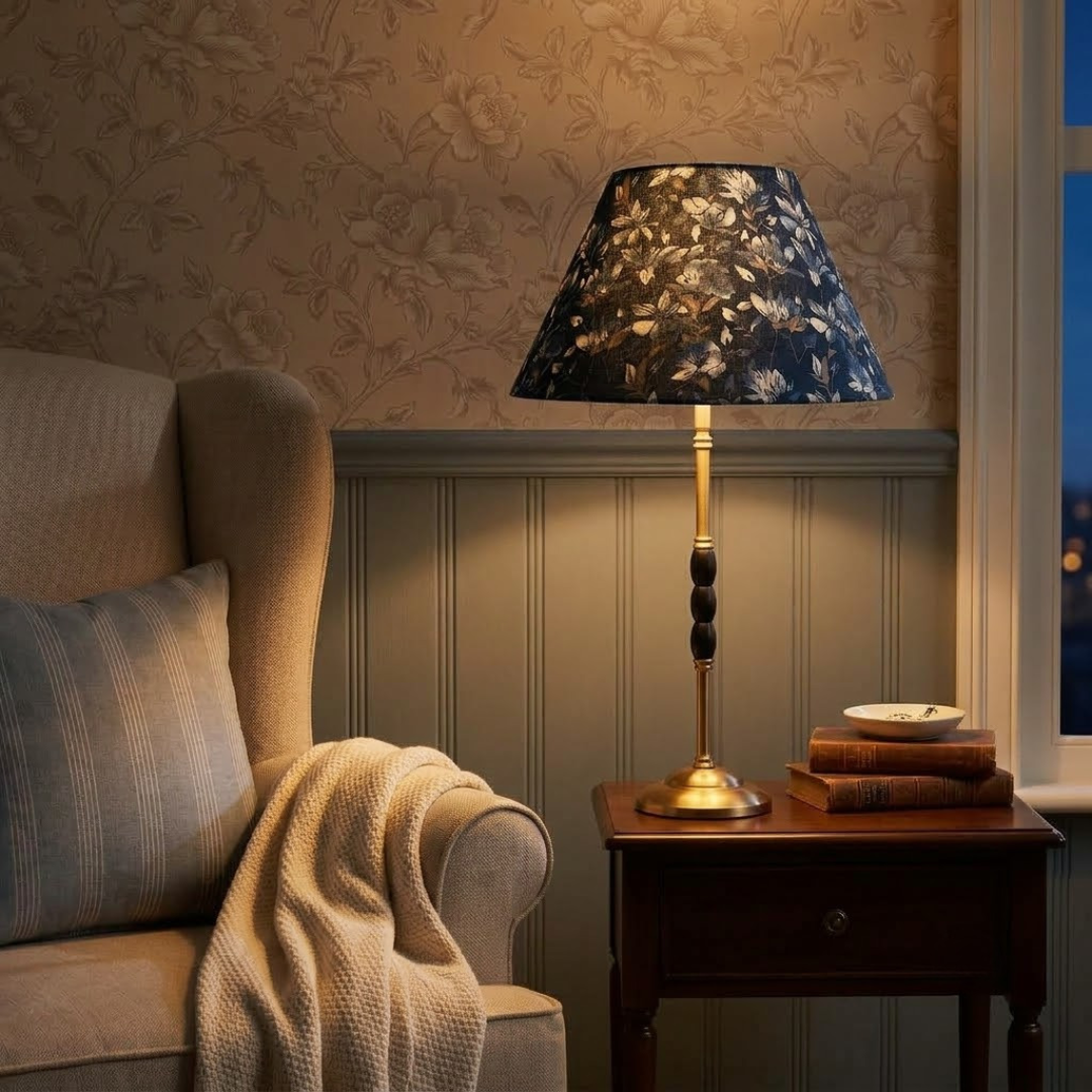 Ophelia Metal Table Lamp With Indigo Blooms Cotton Lampshade