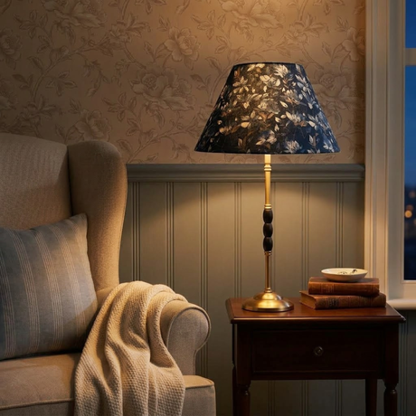 Ophelia Metal Table Lamp With Indigo Blooms Cotton Lampshade
