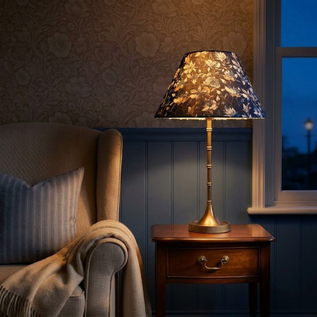 Pixie Metal Table Lamp with Indigo Blooms Cotton Lampshade