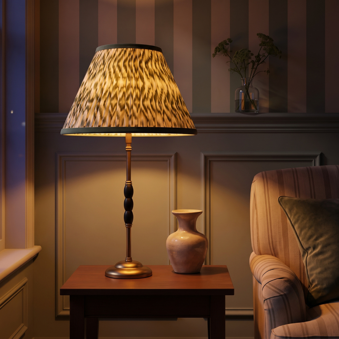 Ophelia Metal Table Lamp With Green & White Ikat Cotton Lampshade