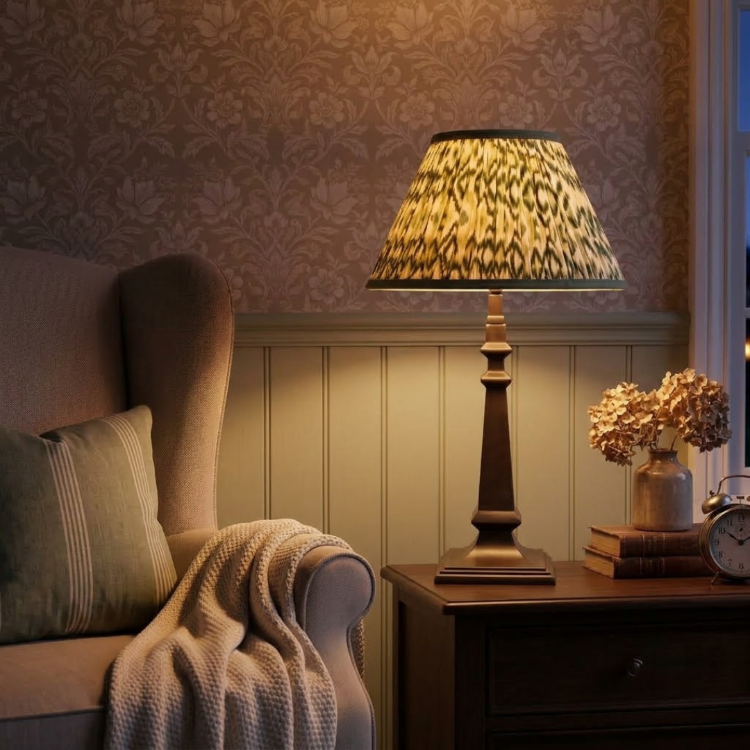 Azura Metal Table Lamp With Green & White Ikat Cotton Lampshade