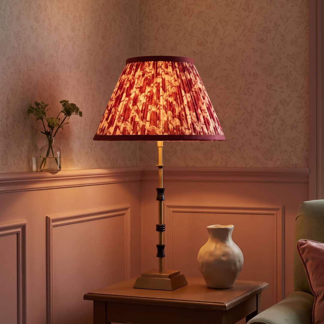 Lily Metal Table Lamp With Crimson Blooms Cotton Lampshade