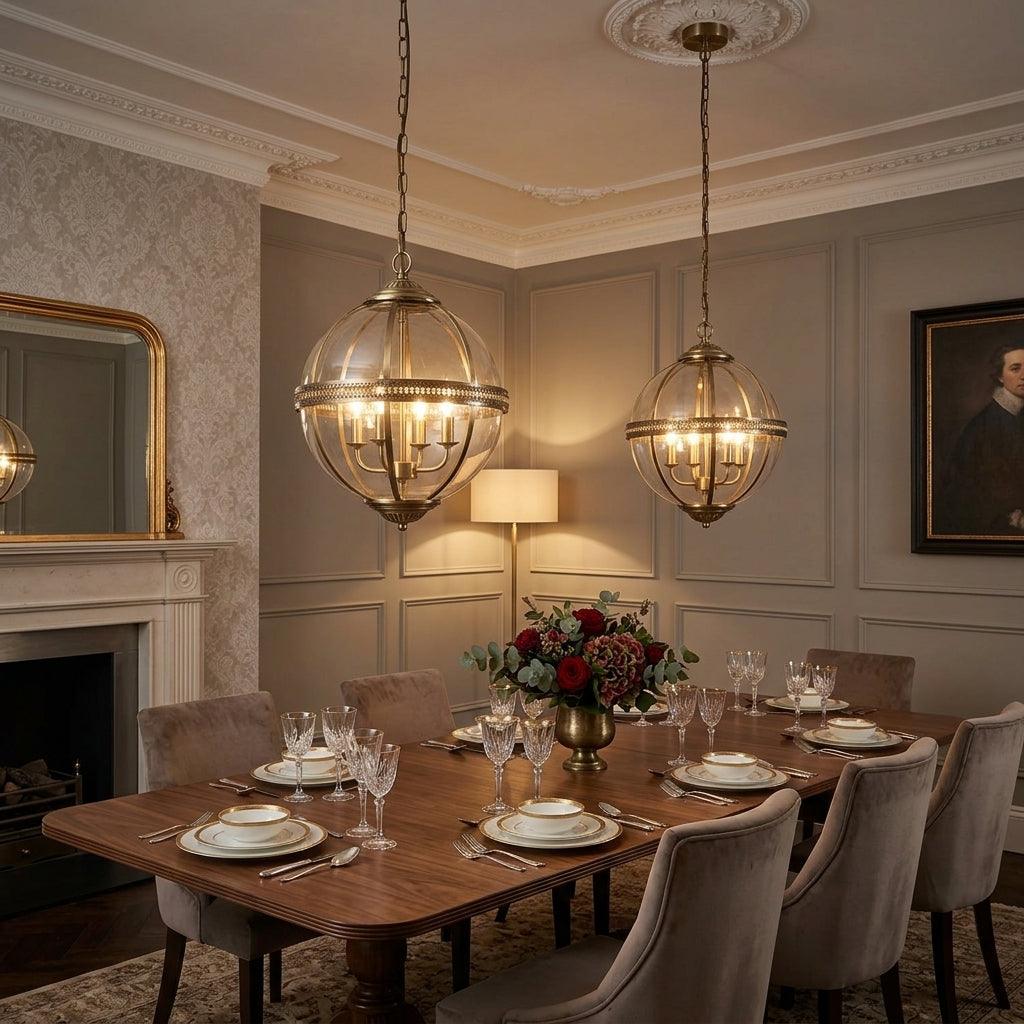 Coronet 3Lt Pendant - Antique Brass Metal & Glass