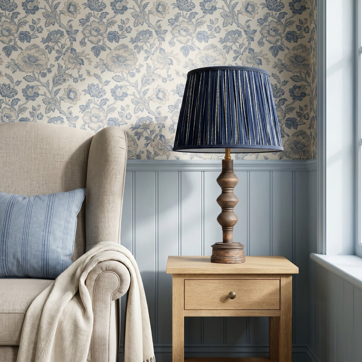 Blue and white lampshade