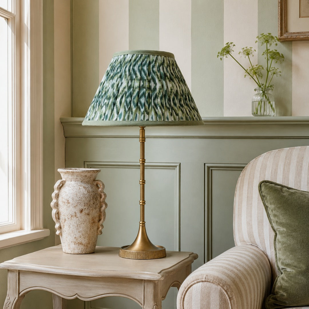 AARTIN Pixie Metal Table Lamp With Green & White Ikat Lampshade