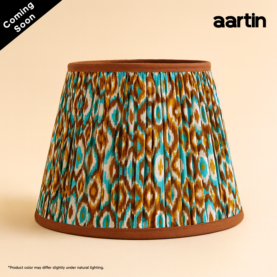 AARTIN 35 CM ORANGE & BLUE IKAT STRAIGHT EMPIRE GATHERED LAMPSHADE IN COTTON