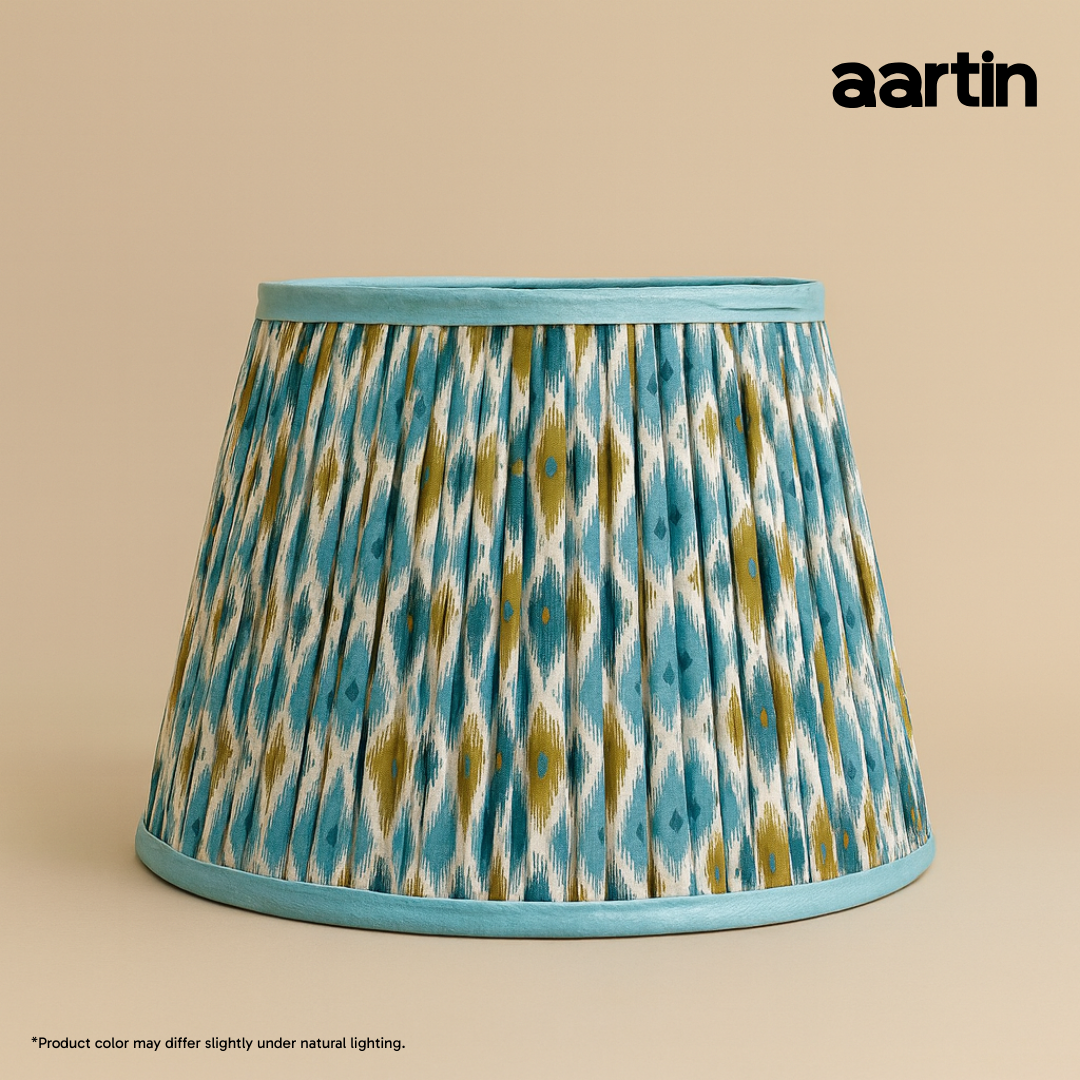 AARTIN 35 CM BLUE & GREEN IKAT STRAIGHT EMPIRE GATHERED LAMPSHADE IN COTTON