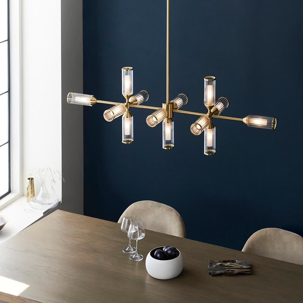 Avon 13Lt Linear Pendant Ceiling Light Satin Brass w/ Ribbed & Frosted Glass