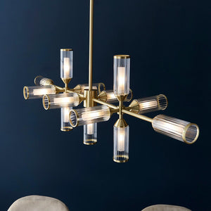 Avon 13Lt Linear Pendant Ceiling Light Satin Brass w/ Ribbed & Frosted Glass