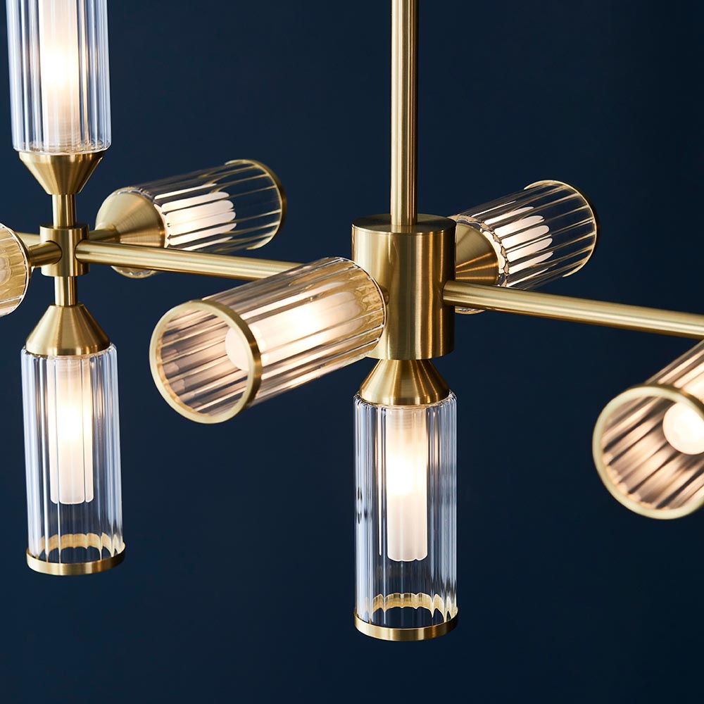 Avon 13Lt Linear Pendant Ceiling Light Satin Brass w/ Ribbed & Frosted Glass