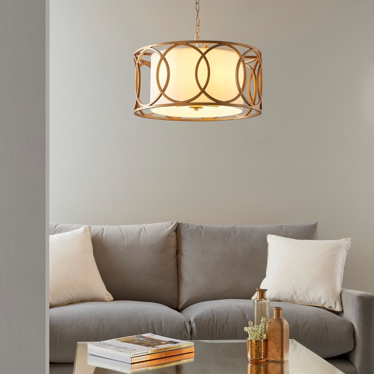 Trent 4Lt Pendant Ceiling Light Brushed Gold Paint & White Fabric