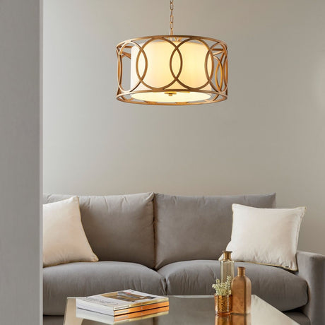 Trent 4Lt Pendant Ceiling Light Brushed Gold Paint & White Fabric