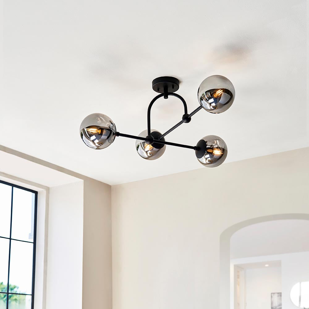 Yonne 4Lt Semi-Flush Ceiling Light Matt Black w/ Grey Tinted Glass