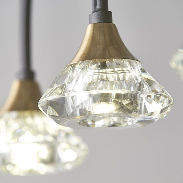 Tamar 6Lt LED Pendant Bar Ceiling Light Matt Black & Brushed Brass Finish With Clear Crystal