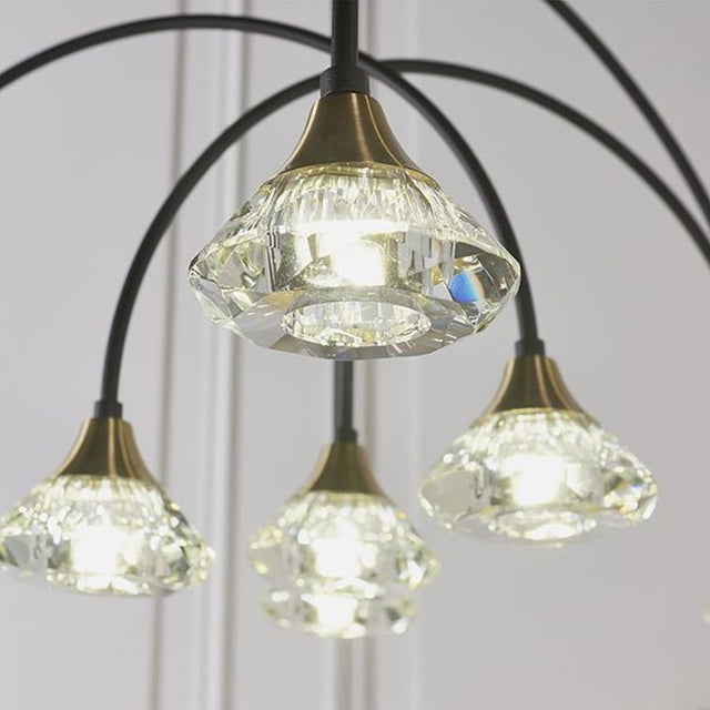 Tamar 9Lt LED Pendant Ceiling Light Matt Black & Brushed Brass Finish With Clear Crystal