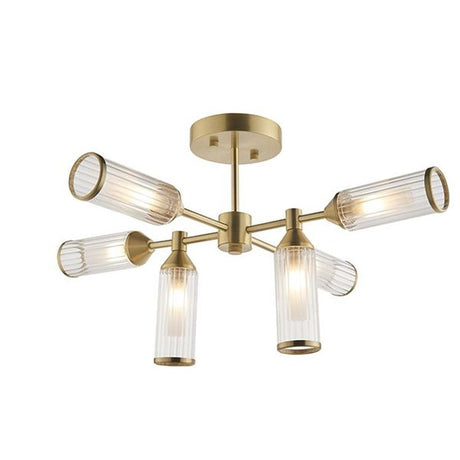 Avon 6Lt Semi-flush Ceiling Light Satin Brass Plate With Clear & Frosted Glass