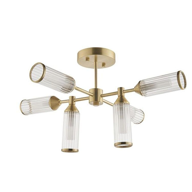 Avon 6Lt Semi-flush Ceiling Light Satin Brass Plate With Clear & Frosted Glass