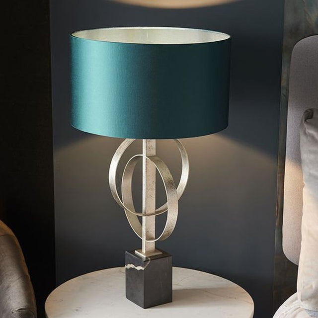 Lena Table Lamp Antique Silver Leaf & Teal Satin Fabric