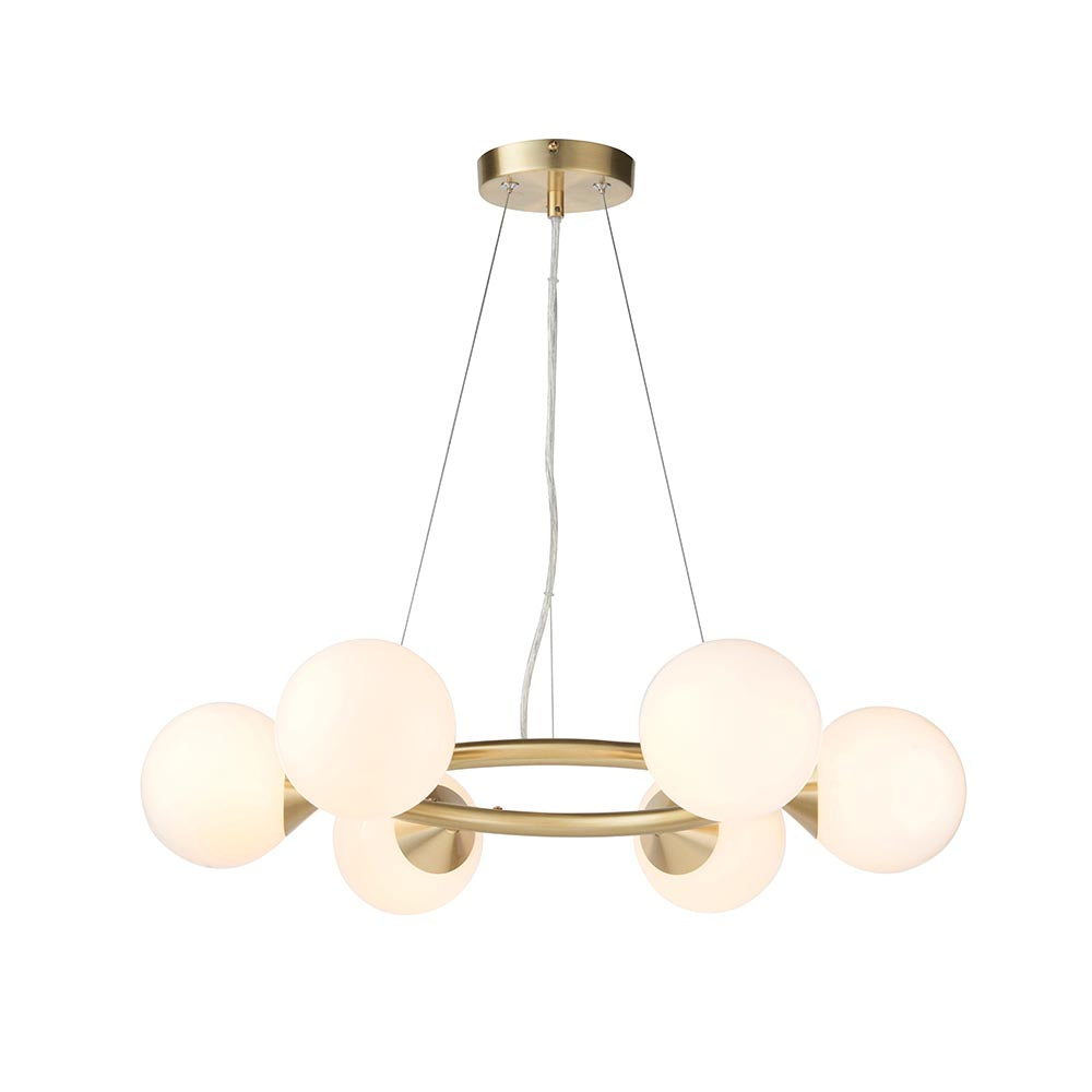 Kemi 6Lt Ring Pendant Ceiling Light Brushed Gold w/ Gloss White Glass
