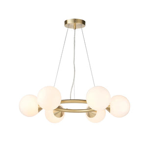 Kemi 6Lt Ring Pendant Ceiling Light Brushed Gold w/ Gloss White Glass