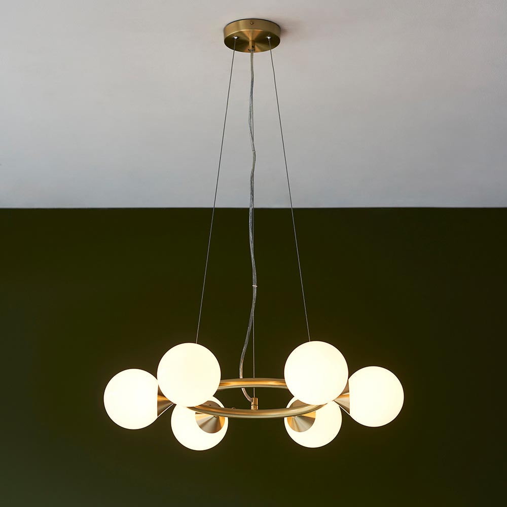 Kemi 6Lt Ring Pendant Ceiling Light Brushed Gold w/ Gloss White Glass