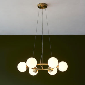 Kemi 6Lt Ring Pendant Ceiling Light Brushed Gold w/ Gloss White Glass